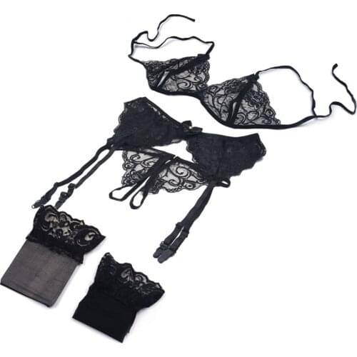 Lace Lingerie Set Sexy Women Floral Fashion Bra Set Push Up Underwear Open Bras String Garters Net Stockings Hot Erotic Babydoll