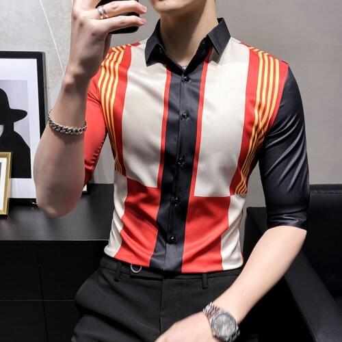 Fashion 2021 Chemise Homme Korean Summer Patchwork Color Print Shirts For Men Clothing Slim Fit Casual Half Sleeve Office Blouse