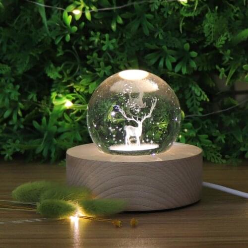 7 CM Crystal Ball Night Lights Engraving Elk Luminous Projection Lamp USB Desk Table Lamp for Children Birthday Xmas Gift Toy