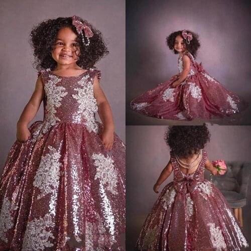 New Sparkly Pink Sequins Flower Girl Dresses Pink Shinny Ball Gown Bow Sash White Lace Little Girls Pageant Dress Custom