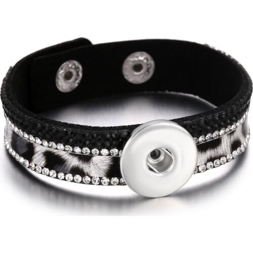 New Leopard Black Leather Snap Bracelet Retro Handmade Braided Leather Snap Button Bracelet Fit 18mm Snap Jewelry Bracelets