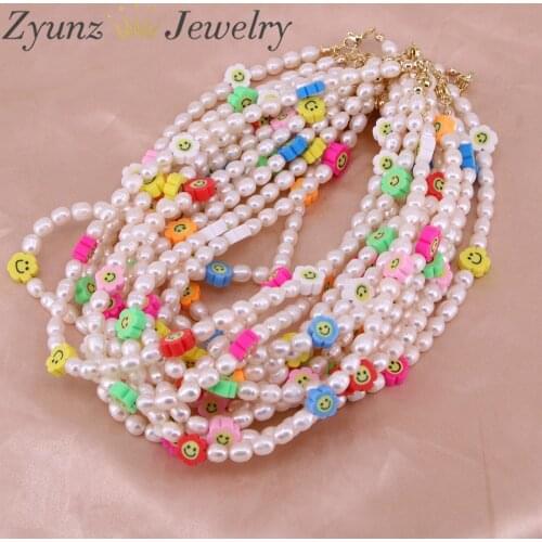 3PCS, Happy Face Freshwater Pearl Beaded Necklace, Beaded Necklace, Pearl Necklace, Smiley Face Polymer Clay Charm Necklace