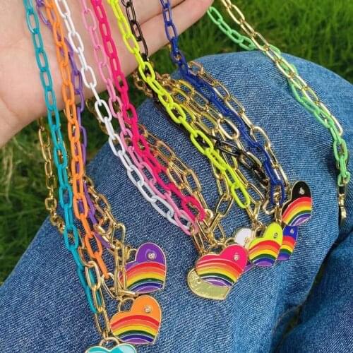 3Pcs Rainbow In My Heart Shaped Personalized Cubic Zirconia Paved Women Memorial Jewelry Gold Plated Enamel Pendant Necklace