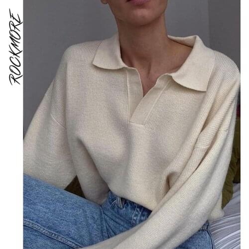 Rockmore Autumn Casual Sweater Women Turn-down Collar Sweaters Lady Elegant Loose Pullovers Long Sleeve Korean Style Knitwear