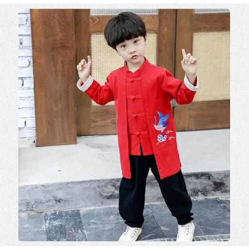 Traditional Chinese Clothing Tang Suit Set for Kids Kung Fu Baby Boys Crane Embroidery Fake 2 Pieces Top Pants Baby Boys Uniform