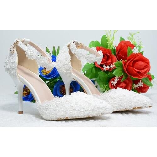 Spring Autumn High Heels Shoes Women White Wedding Shoes Lace Buckle Strap Pointed Toe Thin Heels 9CM Fashion Women Pumps Shoe