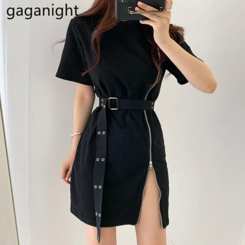 Gaganight Vintage Black Wrap Dress Sashes Sexy High Waist Mini Dress Zipper Split Short Sleeve Elegant Party Club Dresses 2021