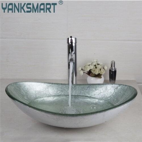 Oval Bathroom Washbasin Countertop Tempered Glass Basin Sink Faucet Set Brass Faucet Washroom Vessel Vanity