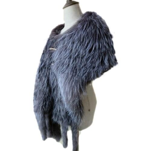 Lady' Real 100% Fox fur knitted Cape Women Winter Warm Wrap Coat/shawl/ cloak/Silver - blue fox