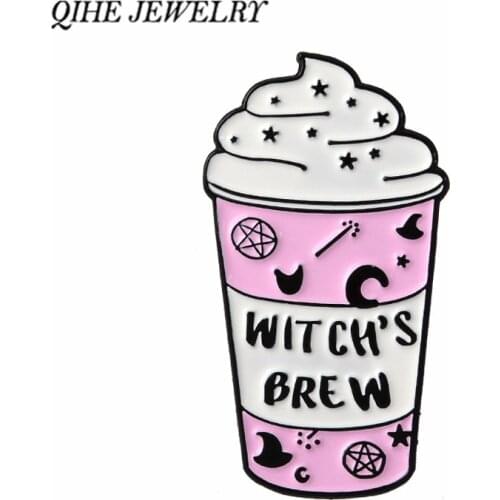 QIHE JEWELRY Pink Mug Pin Witchs wand Hat Pentagram Moon Brooches Witch Lapel pins Wicca Witchcraft jewelry