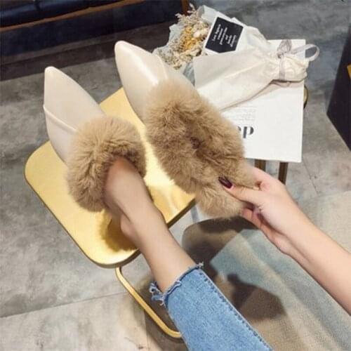 Women Fur Slides Home Slippers Leather Upper Mule Female Slip On Flat Winter Pointed Toe Womens Fashion Slides 2020 Ladies Shoe