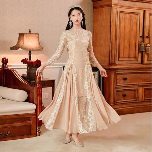 IVY HE Women Vintage Lace Midi Long Dress Sexy Backless Lace Patchwork Casual Dress Bohemian Holiday Dress Ethnic Vestidos Boho