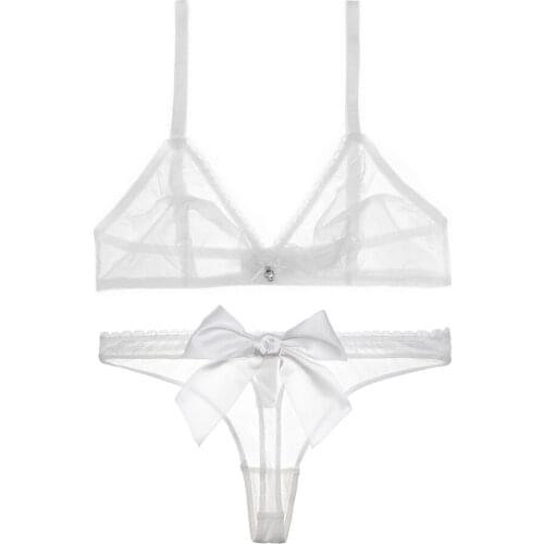 Sexy ladies wire free transparent ultra thin mesh bra set women erotic satin big bow thong 2 pieces/package CYHWR