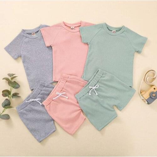 2021 Summer Baby Boys Girls Tshirt Short Set Ribbed Cotton Kids Short Sleeve Top+Shorts 2pcs Children Spring Clothes