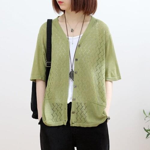 2021 Summer Hollow Out Cardigan Women V-Neck Short Sleeve Knitted Slim Sweater Female Air Conditioning Cardigan Ladies Tops L623