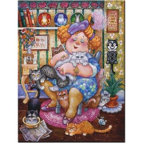 5D Diy Diamond Painting Fat Lady And Cat Cross Stitch Embroidery Mosaic Full Square Round Drill Portrait Wall Art StickerZP-2954