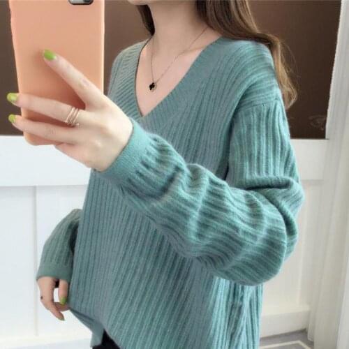 Free Shipping Sweater Women Winter Fashion Leisure Outwear Comfort V-neck Long Sleeve Bottoming Knitted Solid Color Pullover