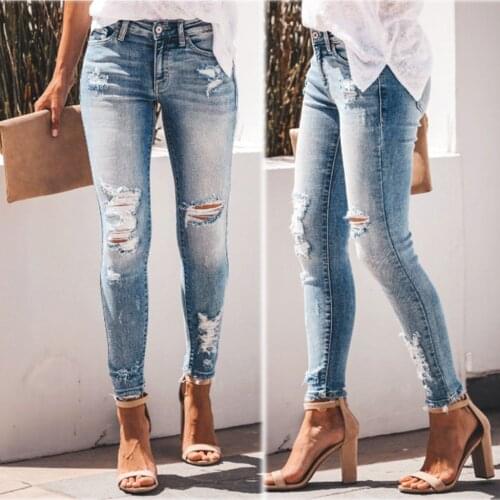 Slim Jeans For Women Skinny High Waist Streetwear Denim Pencil Pants Stretch Waist Slim Female Pants Hole Bottoms Trousers