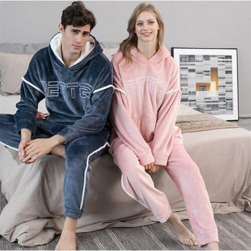 Lover Flannel Pajamas Set Hooded Long Sleeve Top and Pants Women&Men 2 Pieces Winter Thick Warm Sleepwear Ladys Loungewear