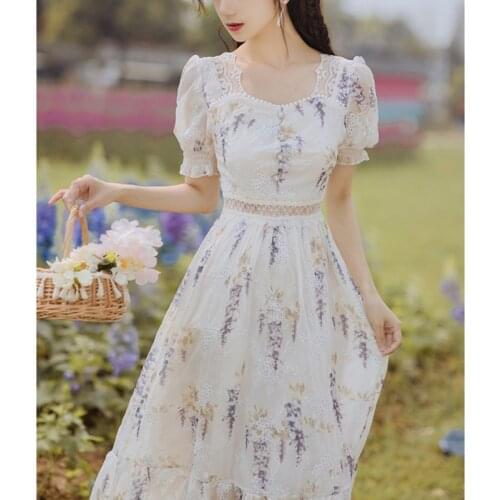 French Summer Fairy Dress Floral Lace Square Collar Elegant High Waist Hollow Chic Retro Embroidered Sweet Dress
