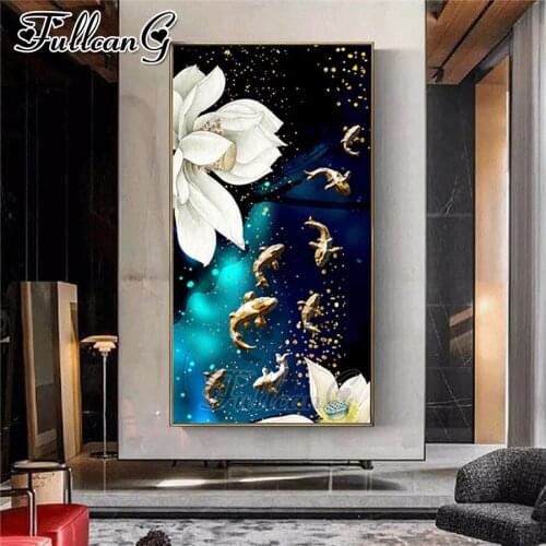 FULLCANG Abstract lotus fish landscape large diamond painting 5d diy full square round drill mosaic embroidery sale decor FC3217