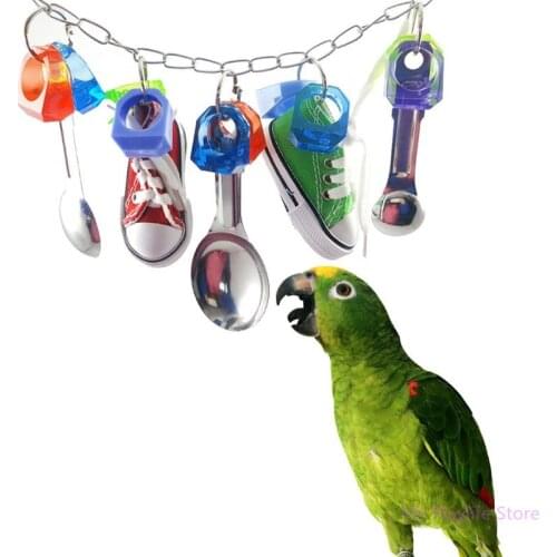 Bird Parrot Bite Toy Stainless Steel Spoon Scoop Sneakers Hanging Shoe String Toys Birds cage hanging toys C42