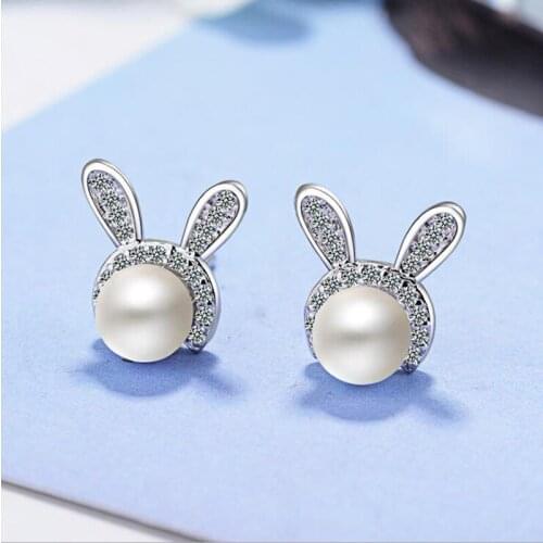 KOFSAC New Fashion 925 Sterling Silver Stud Earring Minimalism Cute Rabbit Shiny CZ Pearl Earrings For Women Party Jewelry Gift