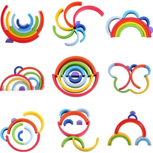 Colorful Wood Rainbow Building Blocks Toys Creative Assembling Wooden Blocks Circle Set Educational Toys for Children Gift