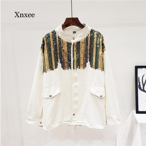 New Jeans Coat Womens 2020 Spring Autumn Cotton Sequin Embroidery Dneim Jacket Loose-Fit Slimming Bf Jackets Femme Top Overcoat