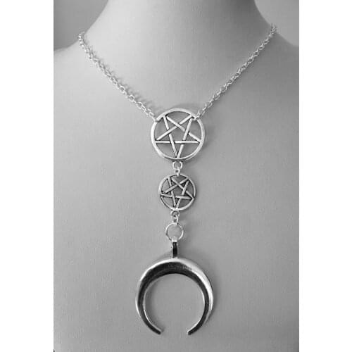MOON PRIESTESS,crescent moon necklace,inverted pentagram,upside down moon,occult,esoteric,goth,gothic,satanic symbols