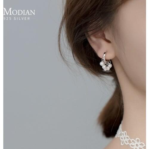 Modian 100% 925 Sterling Silver Charm Circle Elegant Swing Pearl Female Hoop Earrings For Women Wedding Engagement Jewelry