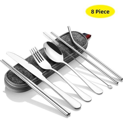 8pcs Stainless Steel Flatware set including Knife Fork Spoon Chopsticks Cleaning Brush Straws Portable Case Travel Cutlery