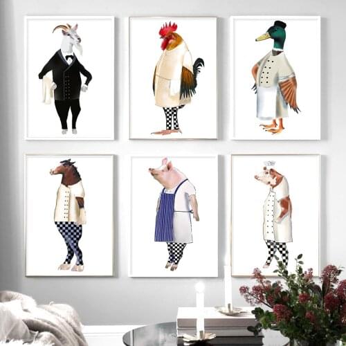 Sheep Pig Chicken Cattle Animal Chef Wall Art Canvas Painting Nordic Posters And Prints Wall Pictures For Baby Kids Room Decor