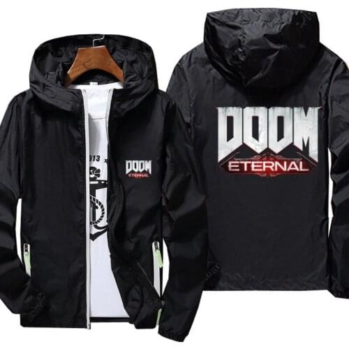 Casual Doom Eternal Anime print Windbreaker Thin Sunscreen Hooded Coat Mens Sports Pilot Cycling Camping Jacket Plus Size 7XL