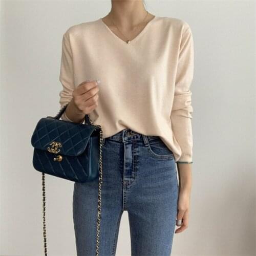 V-neck Simple Solid All-match Basic Pullovers for Ladies Elegant Fashion Termperament Sweater 2020 Winter Fashion Multi Colors