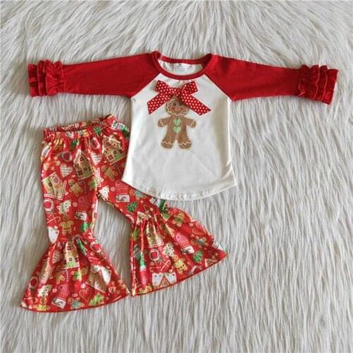 Rts Gingerbread Man Two Pcs Suits Shirt Bell Pants Kids Boutique Wholesale Clothing Christmas Set Girl Fall Winter Children Wear