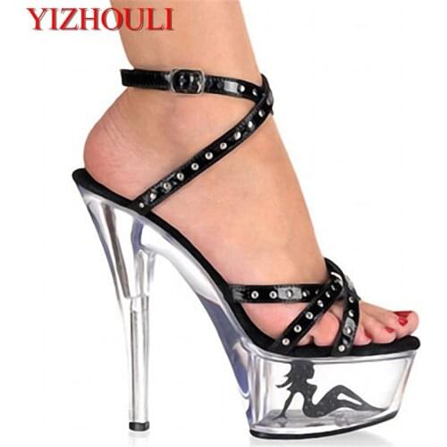15 cm high heels rivet platform crystal peep-toe shoe 6 inch toe nude straps party sandal