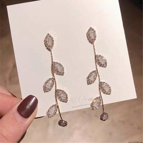 Luxury 14k Real Gold Inlaid Shiny Cubic Zirconia Long Tassel Leaf Earrings Bridal Jewelry Surprise Birthday Gift For Girlfriend