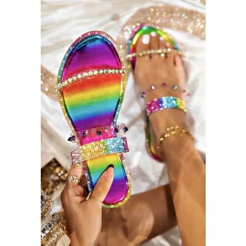 Rhinestone Flat Slipper Fashion Sandals Bling Colorful Rainbow Design Shoes New Beach Sandal Ladies Slides Size 35-43