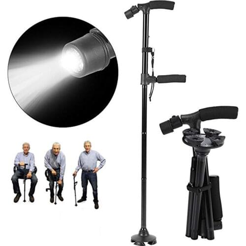LED Lights trekking poles Double Handle walking sticking Cane with Flashlight telescopic baton crutches for elderly people