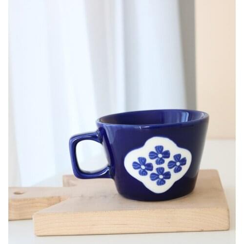 Dark Blue Ceramic Underglaze Color Four-leaf Clover Mug/Coffee Mug Breakfast Mug