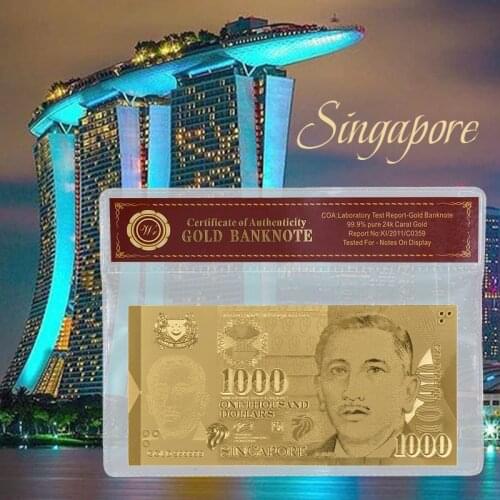 WR New Arrive Gold 999999 Singapore 1999 Year 24K Gold Banknote Singapore 1000 Dollars With Plastic Sleeve for collection