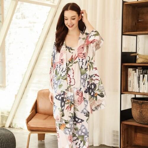 Woman Pajamas Set Nightdress+Robe+Pant Soft Pajamas 3 Peices Sleepwear For Female Long Sleeves Breathable Sexy Robe Home Wear