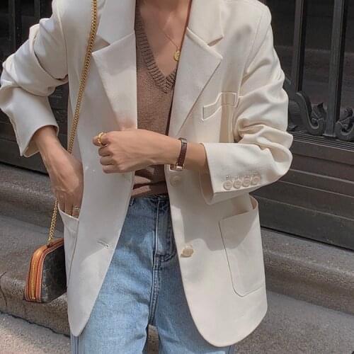 JA0005 Ladies Casual Single-breasted Blazers With Pockets Loose Elegant Notched Suit Jacket For Women 2021 костюм женский офис