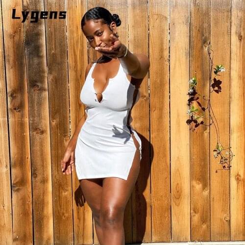 Lygens 2021 Summer Women Pin Patchwork Mini Dress V Neck Sleeveless Bodycon Hollow Out Sexy Streetwear Party Club Sexy Clothes