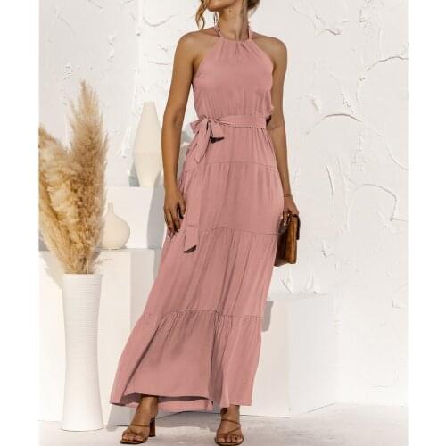 Womens Maxi Dress Evening Party Halter Lace-Up Summer Elegant Ruffles Sashes Cupcake Dresses 2021 New Fashion
