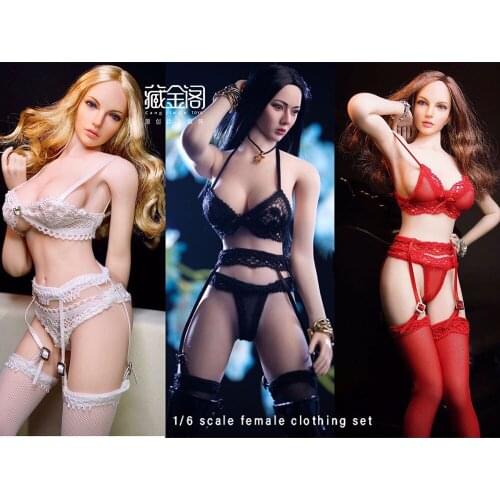 1/6 female figure black and white red underwear panty suspender stocking set CJG-WN06 for 12 inch action figure