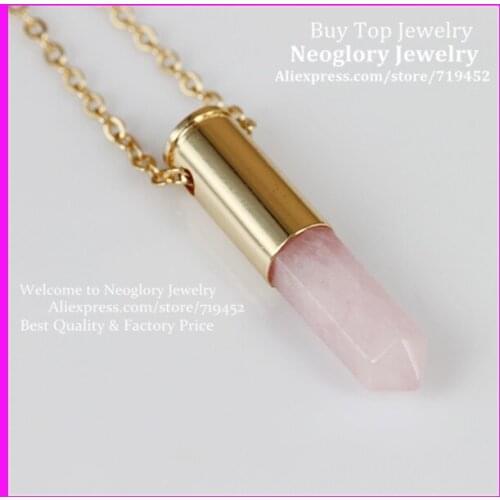 10pcs Nature Pink Quartz Gems Point Bullet Pendant Necklace Hexagon Drusy Quartz Druzy Pendant Metal Color Casing Necklace