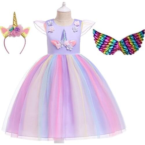 2021 Unicorn Dress For Girls Clothing Kids Birthday Party Princess Costume Children Halloween Carnival Rainbow Dresses Up