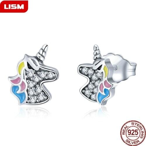 925 Sterling Silver Dazzling Unicorn Licorne Stud Earrings for Women Girl Cute Silver Clear CZ Jewelry Party Gift
